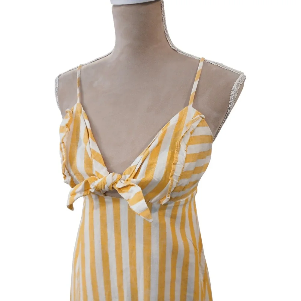 CAD Babydoll Yellow White Stripe Tie Front Cutout Sundress Small Bow Kawaii